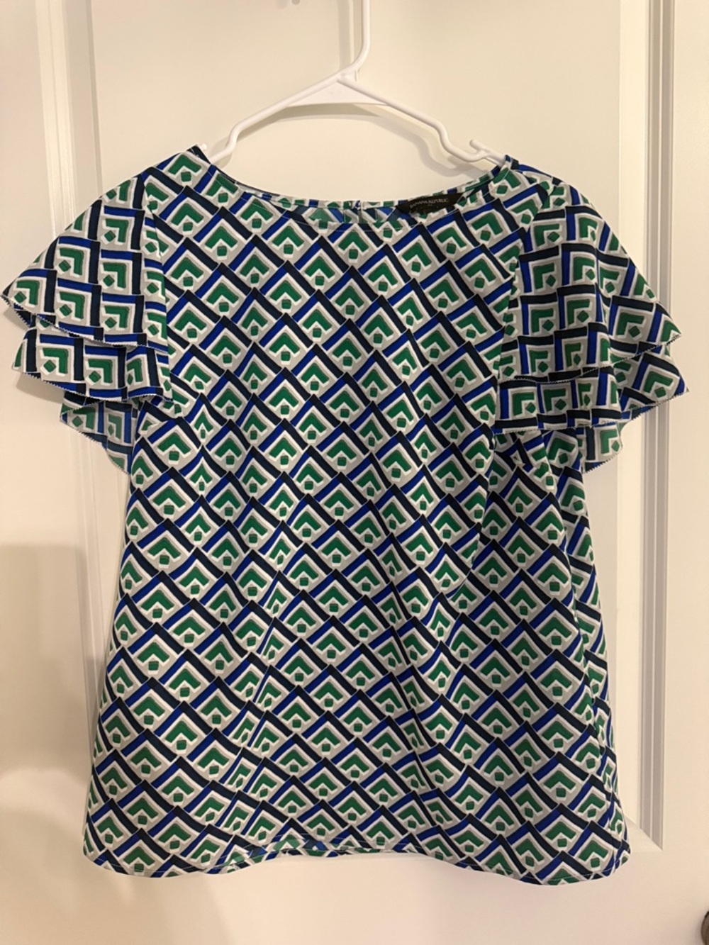 Banana Republic Blue and Green Geometric Ruffle Sleeve Blouse